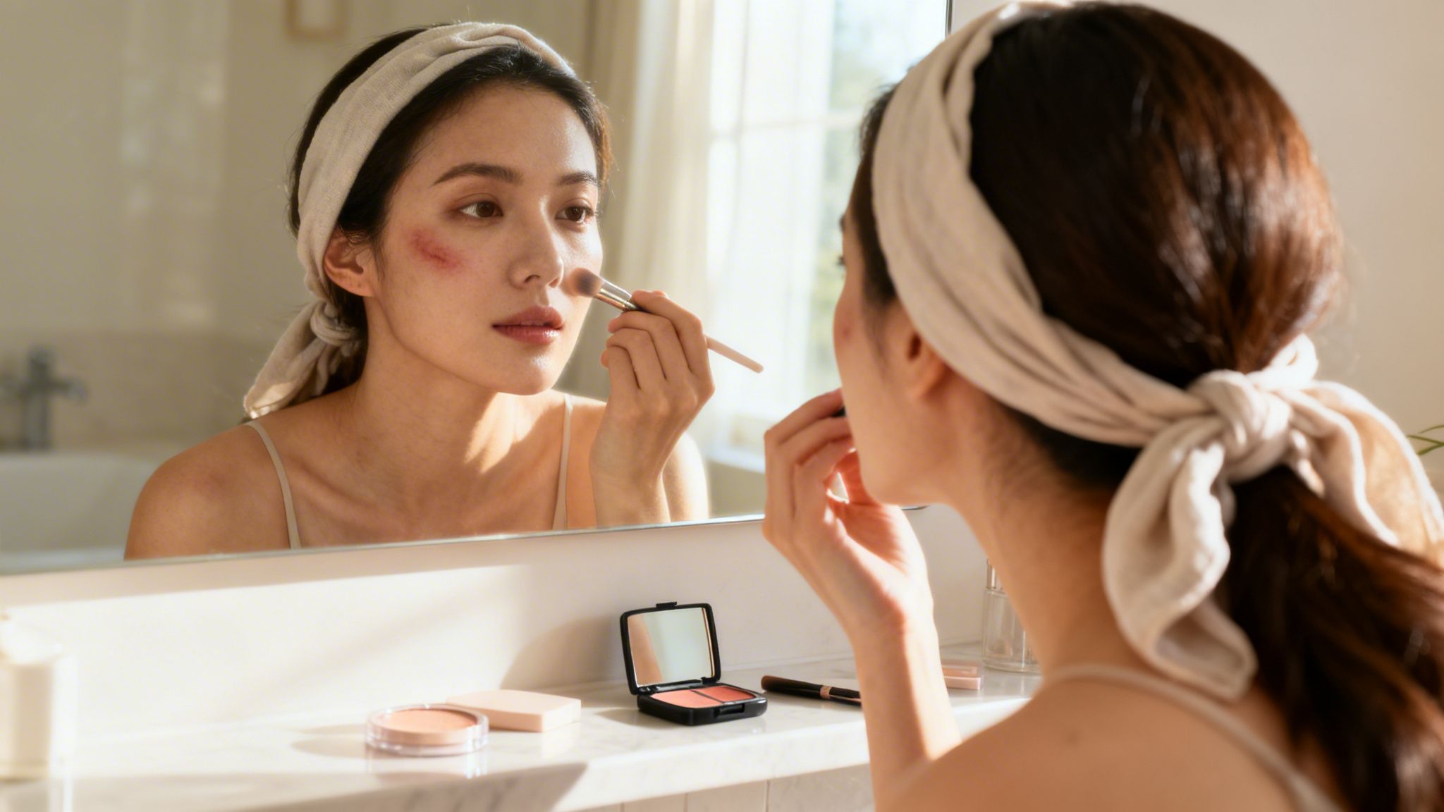 A woman with a visible bruise on her cheek applies makeup with a brush in a mirror.