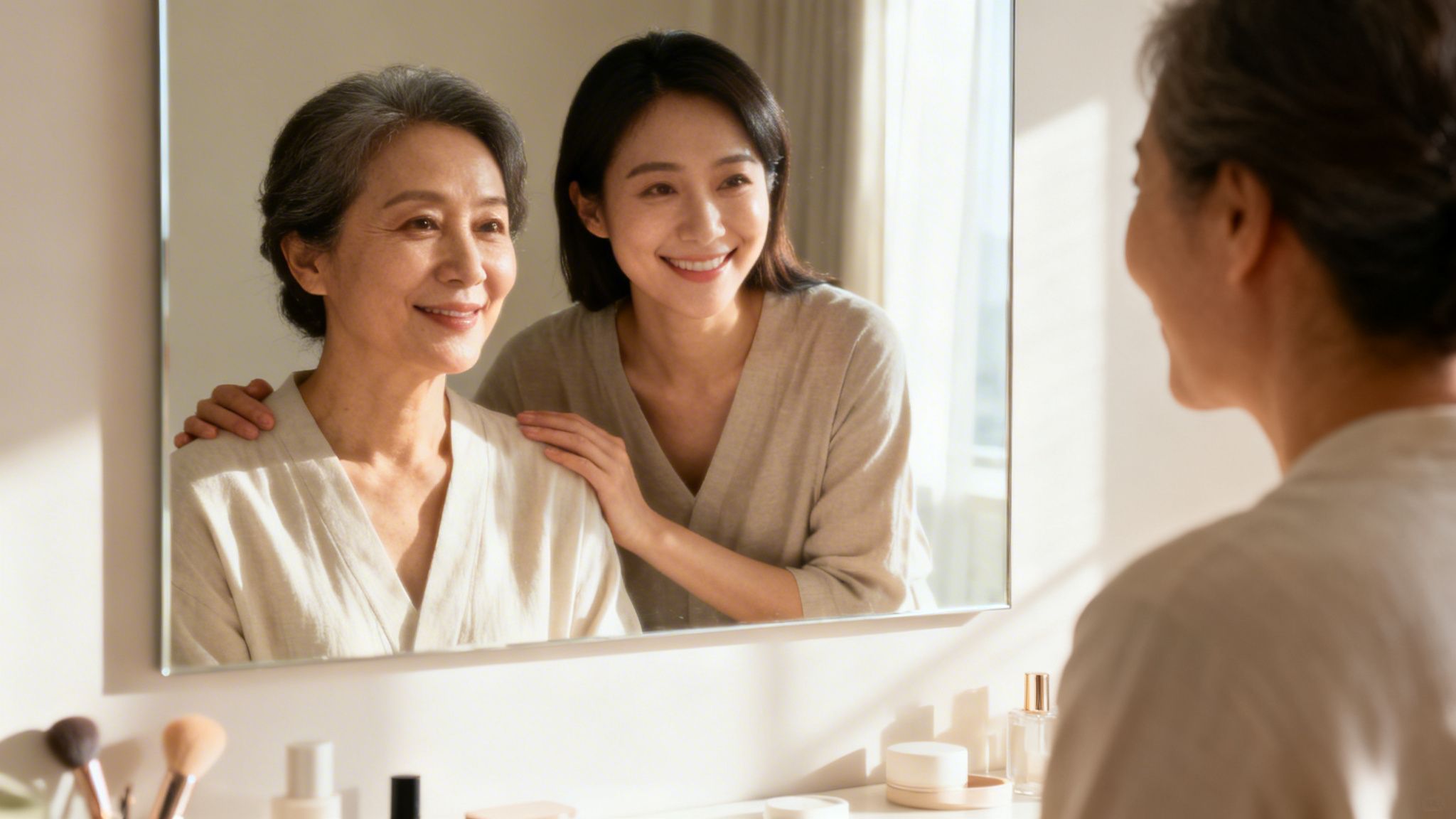 Happy Asian mother and daughter share a loving moment, looking at their reflections in a mirror.