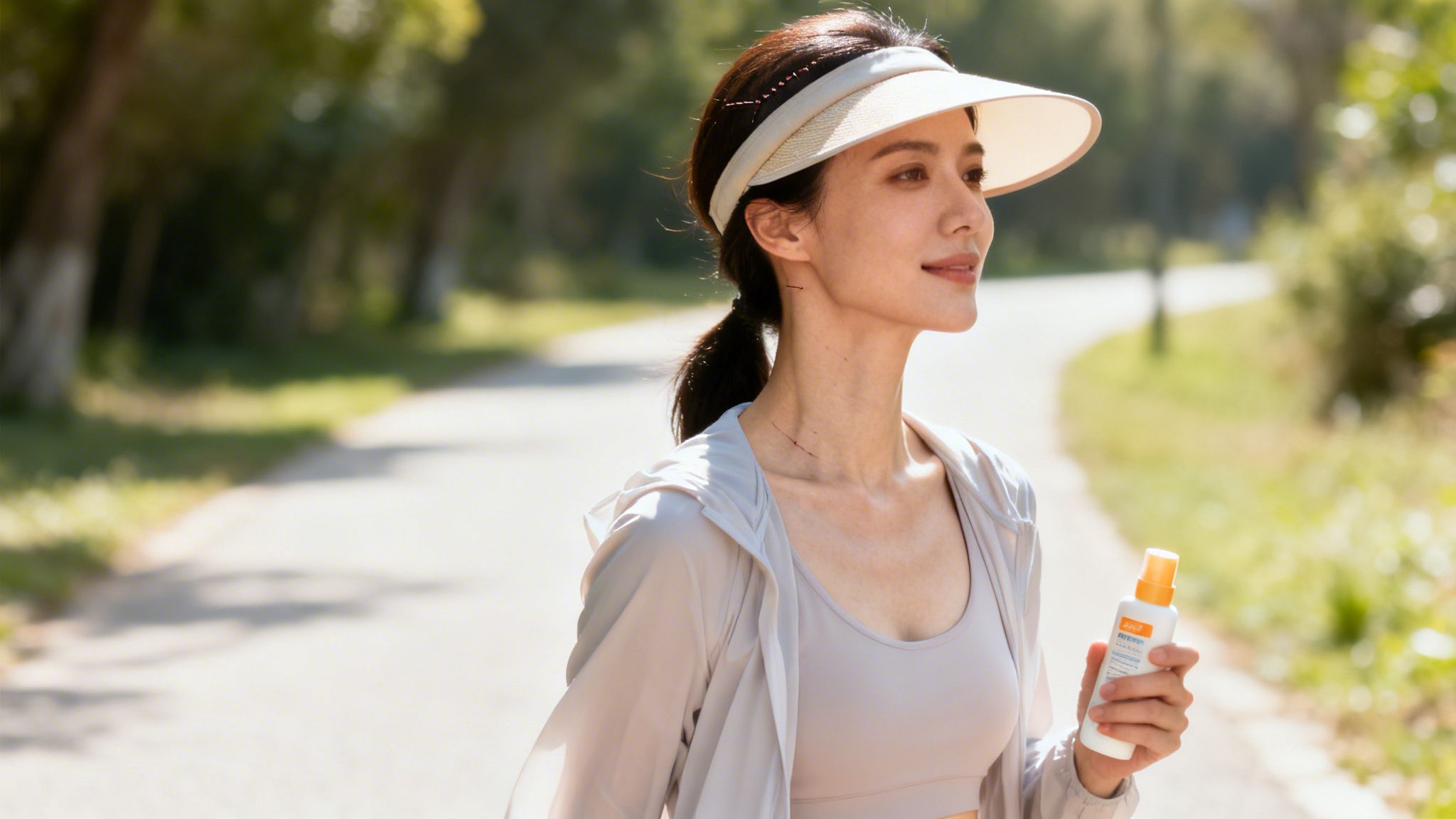 A smiling woman in a visor and sportswear holds a sunscreen bottle on an outdoor path.