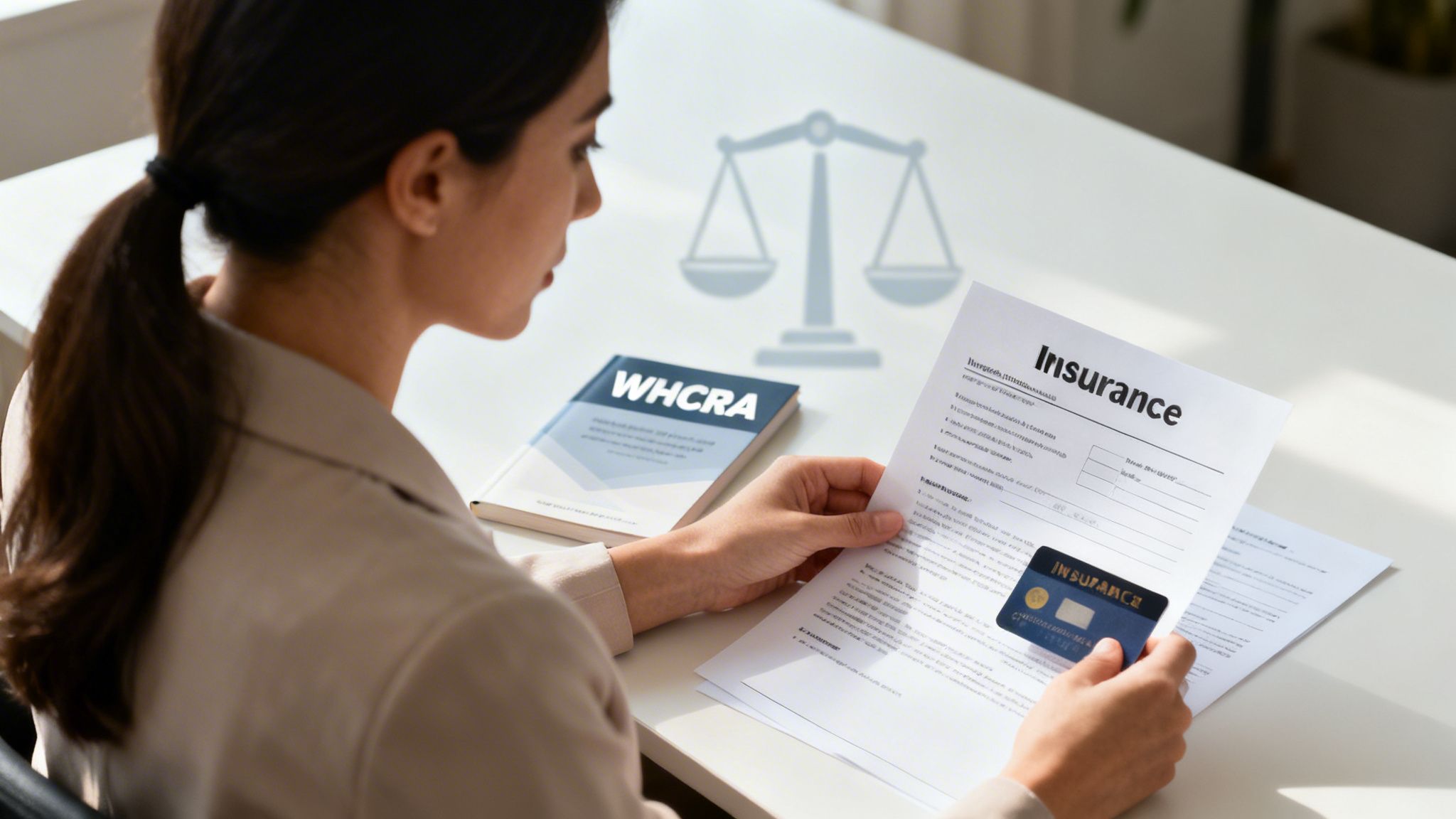 A woman reviews an insurance policy document and card, with a WHCRA book and scales of justice.