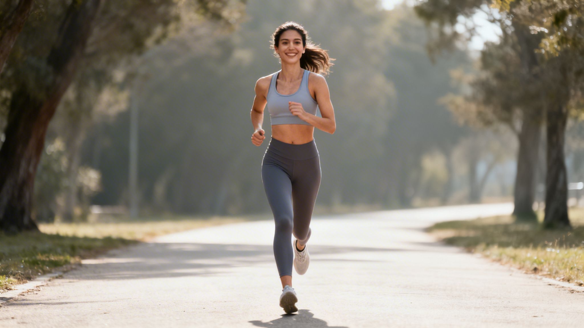 A smiling young woman runs on a sunny park path, wearing a grey sports bra and leggings.