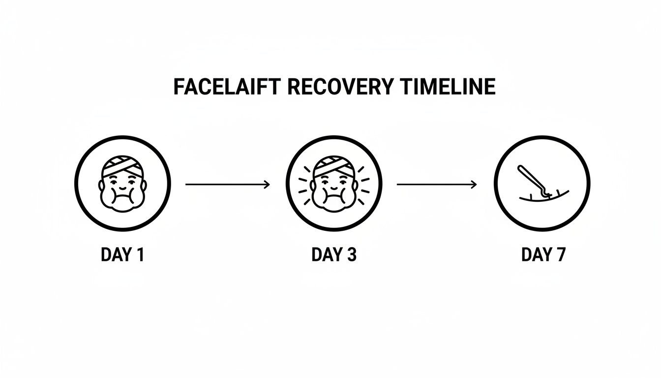 A visual timeline depicting facelift recovery stages with icons for Day 1, Day 3, and Day 7.