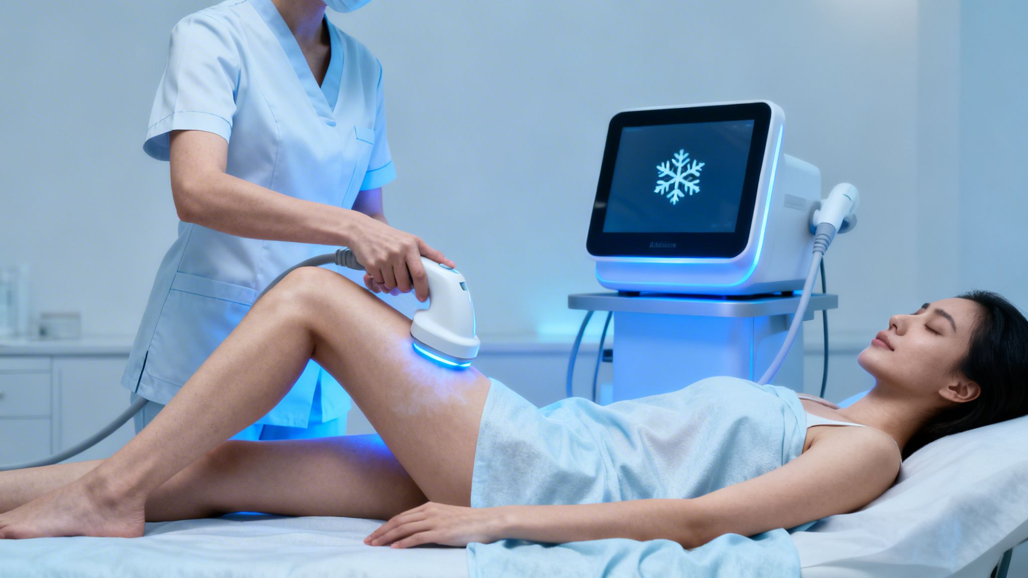 A technician performs inner thigh fat removal treatment on a relaxed patient using a cryotherapy device.