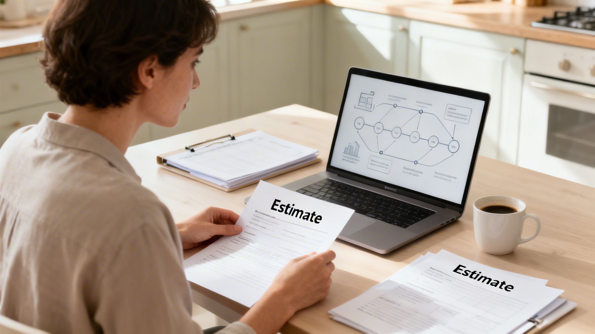 A woman reviews an estimate document while working on a laptop with a flowchart, in a bright home setting.