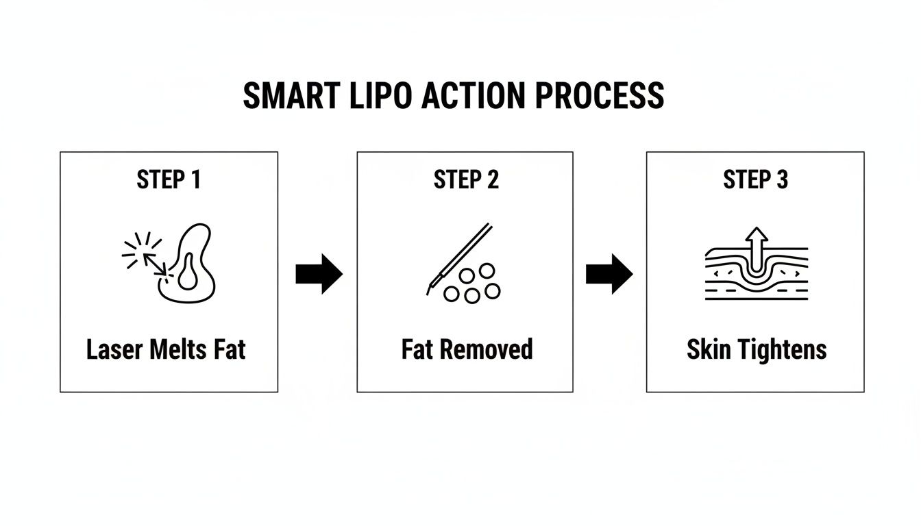 Diagram illustrating the three steps of the Smart Lipo process: laser melts fat, fat removed, and skin tightens.