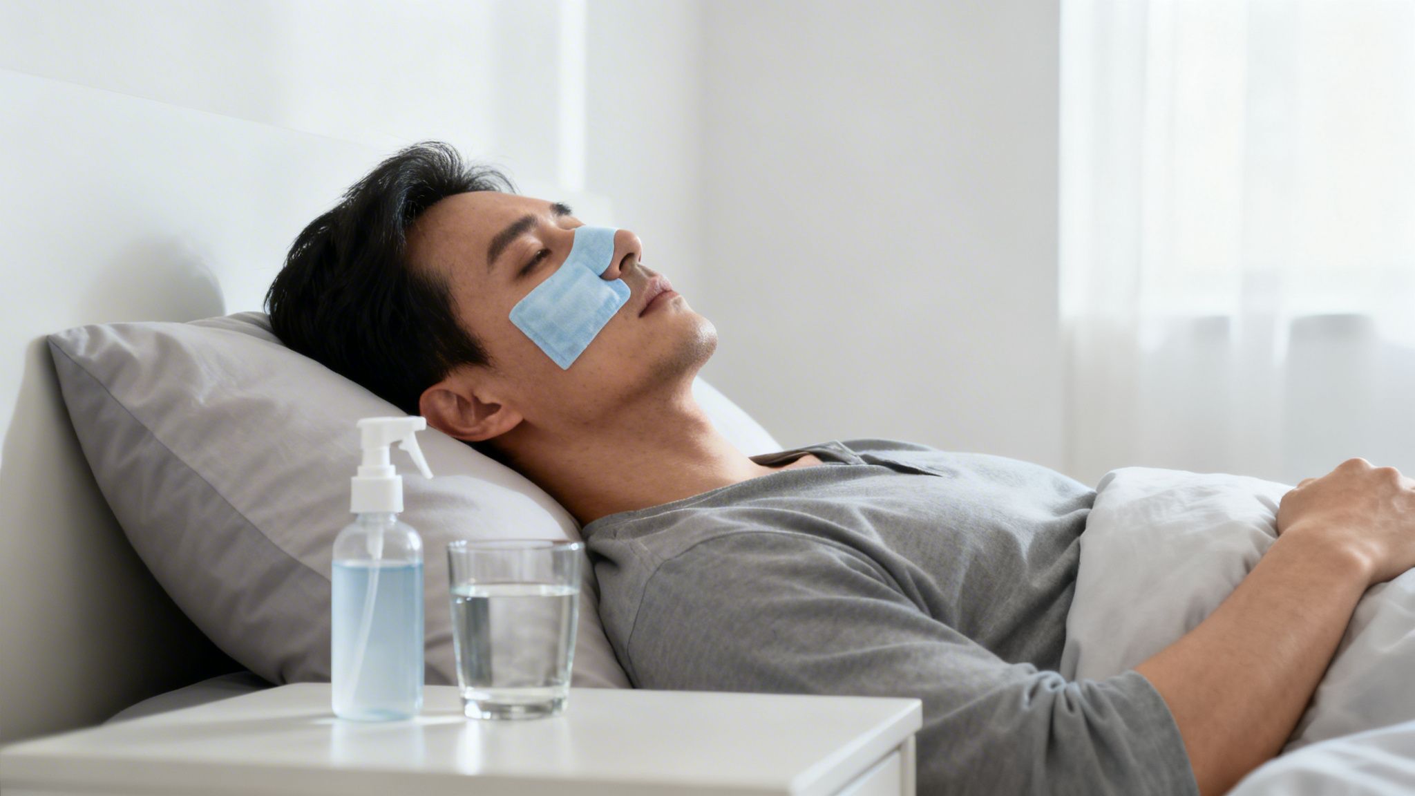 Asian man with blue patches on his nose and eyes resting in bed, with water and a spray bottle on the nightstand.