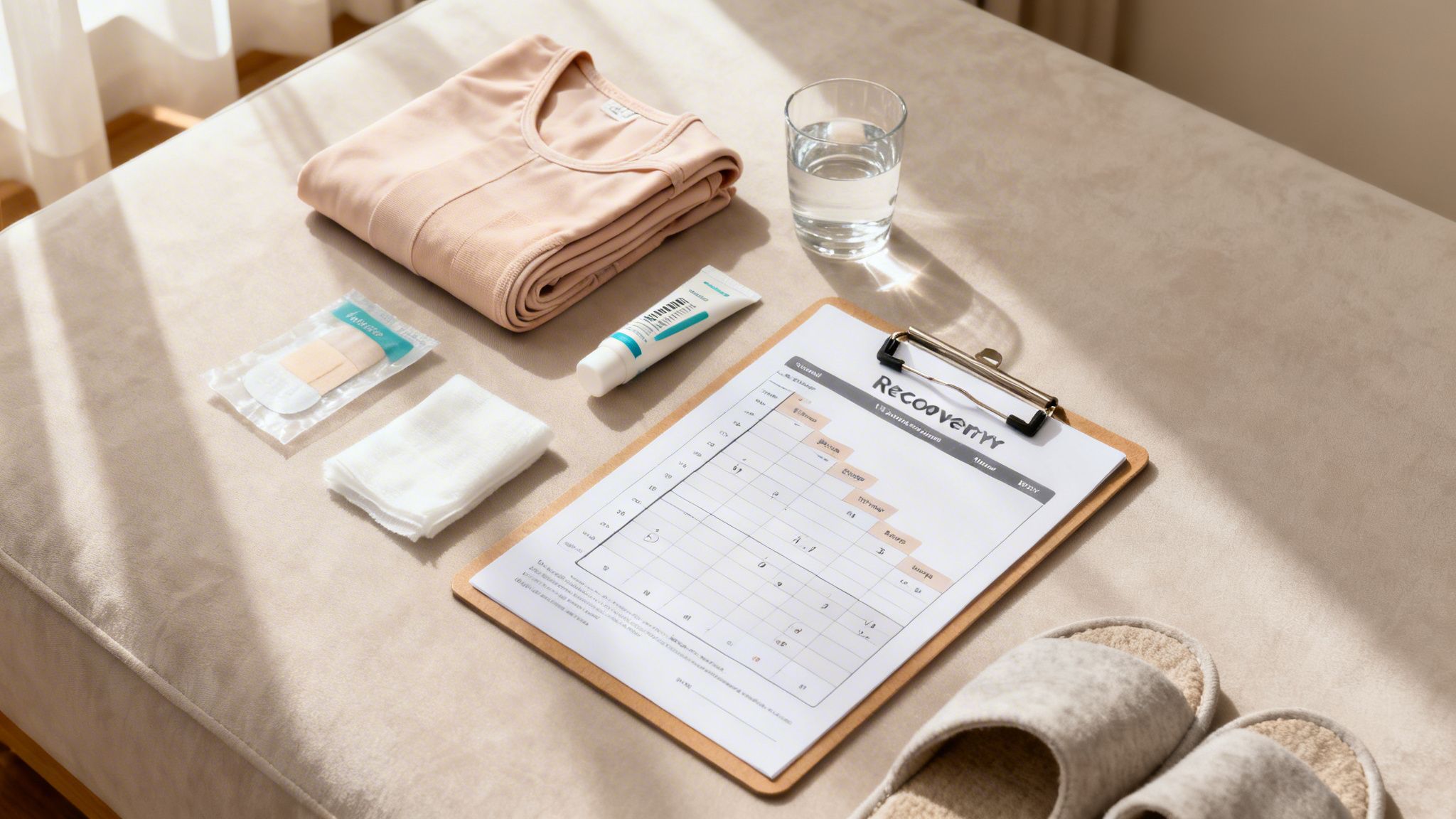 Post-operative recovery essentials laid out: compression garment, water, cream, bandages, and a recovery schedule.