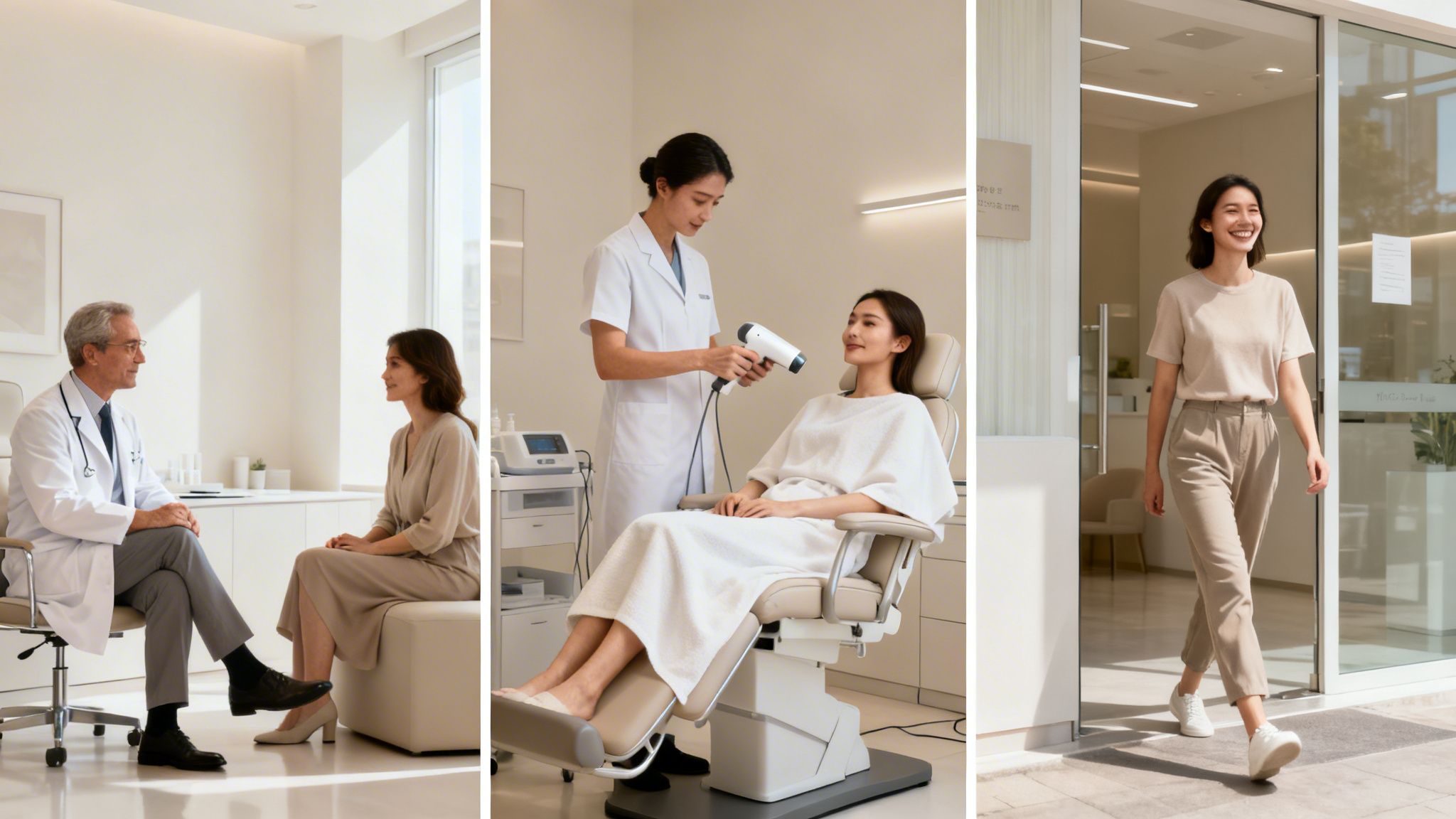 A patient's journey at a modern aesthetic clinic, showing consultation, treatment, and happy departure.