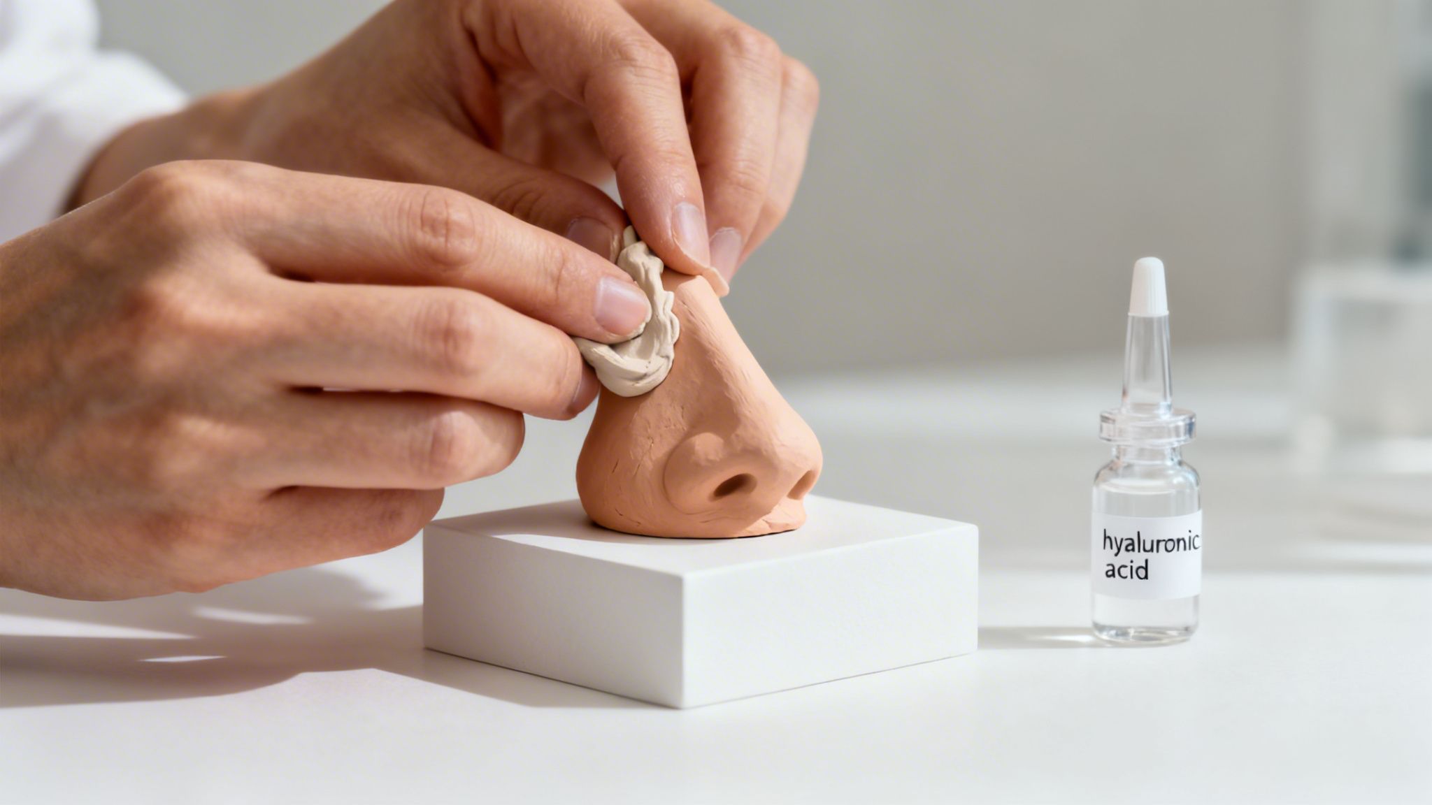 Hands applying a clay-like substance to a nose model, symbolizing non-surgical rhinoplasty with hyaluronic acid.