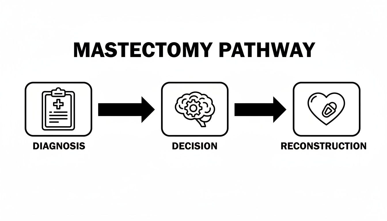 A flowchart illustrates the mastectomy pathway, detailing steps from diagnosis to decision-making and reconstruction.