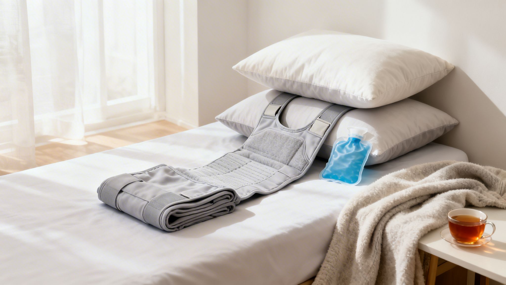 A bed with a grey back brace, a blue hot/cold pack, a blanket, and tea, suggesting pain relief and recovery.