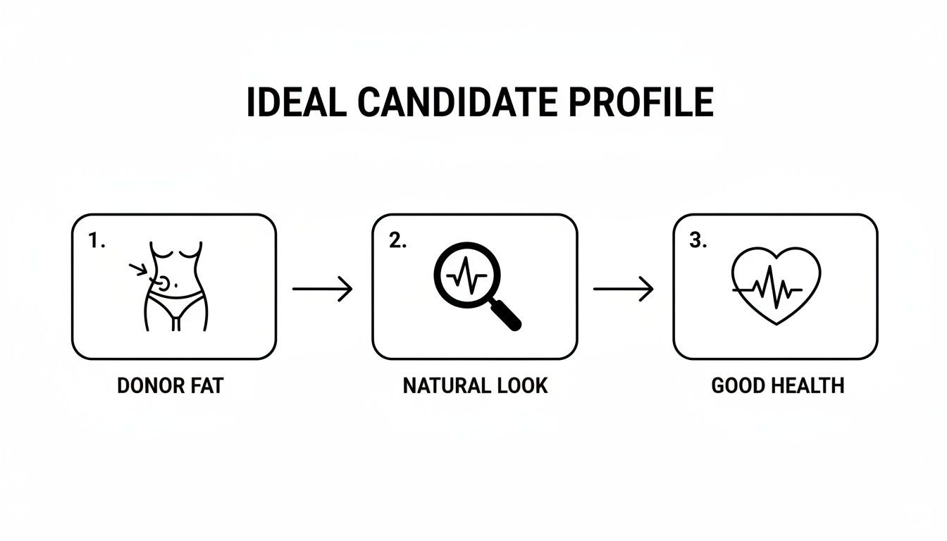 Image depicting the ideal candidate profile for fat transfer, highlighting donor fat, natural look, and good health.