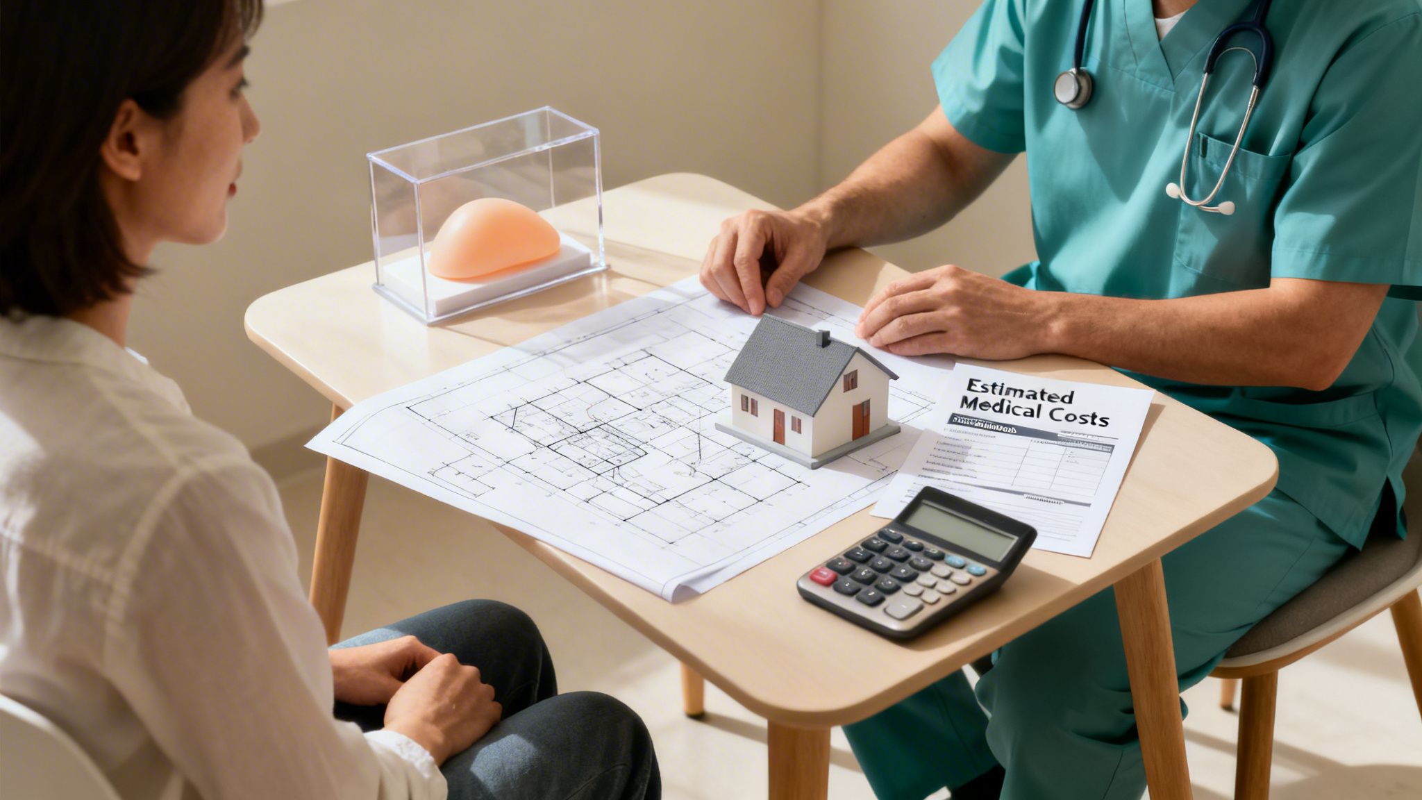 Doctor and patient review estimated medical costs for breast reconstruction, with implant and house models.