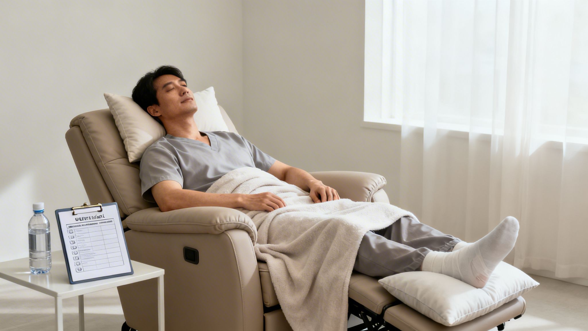 A man in a recliner chair with a bandaged foot rests under a blanket, with water and a checklist nearby.