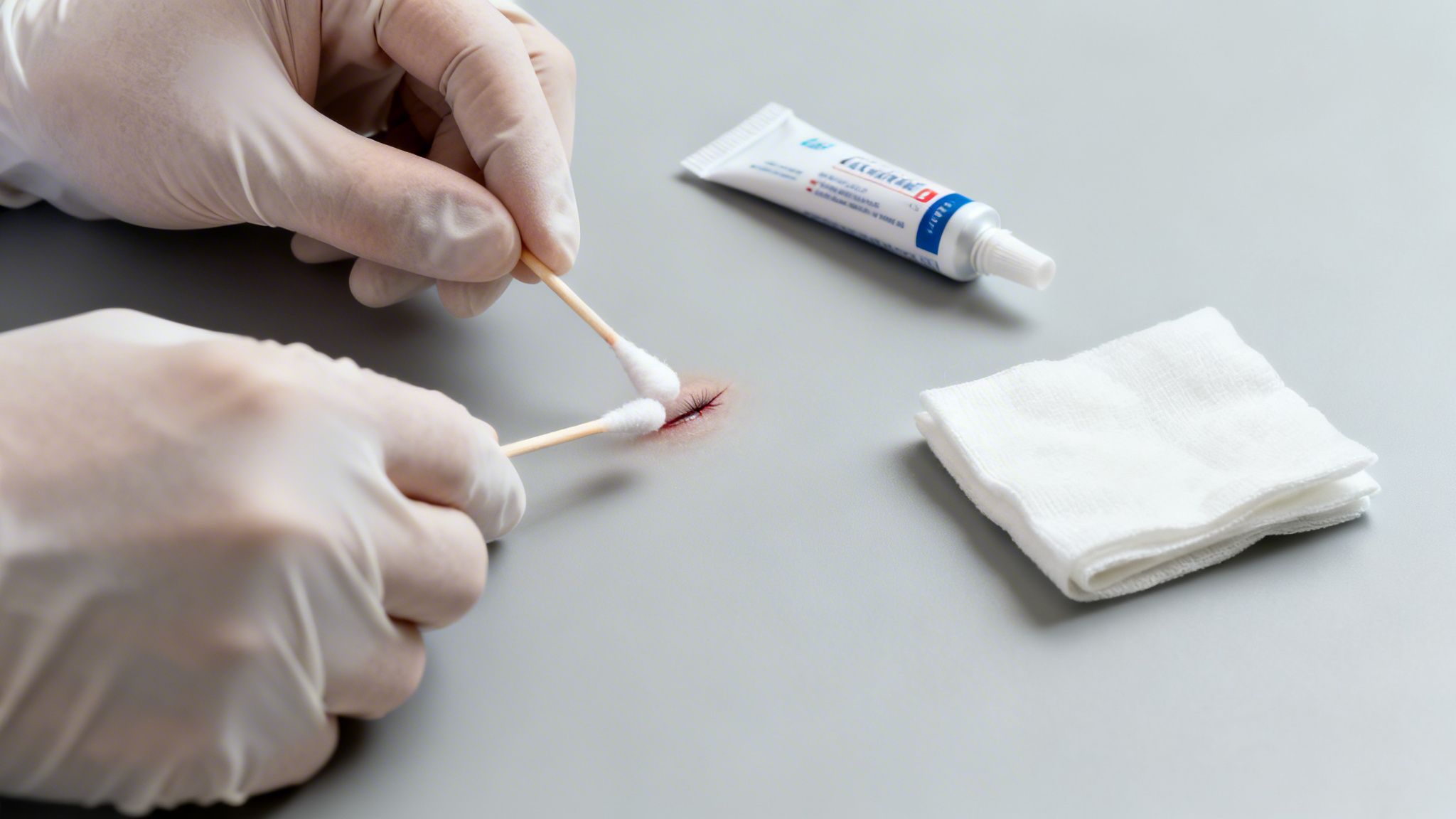 Gloved hands meticulously clean a red incision with cotton swabs, alongside ointment and gauze pads.