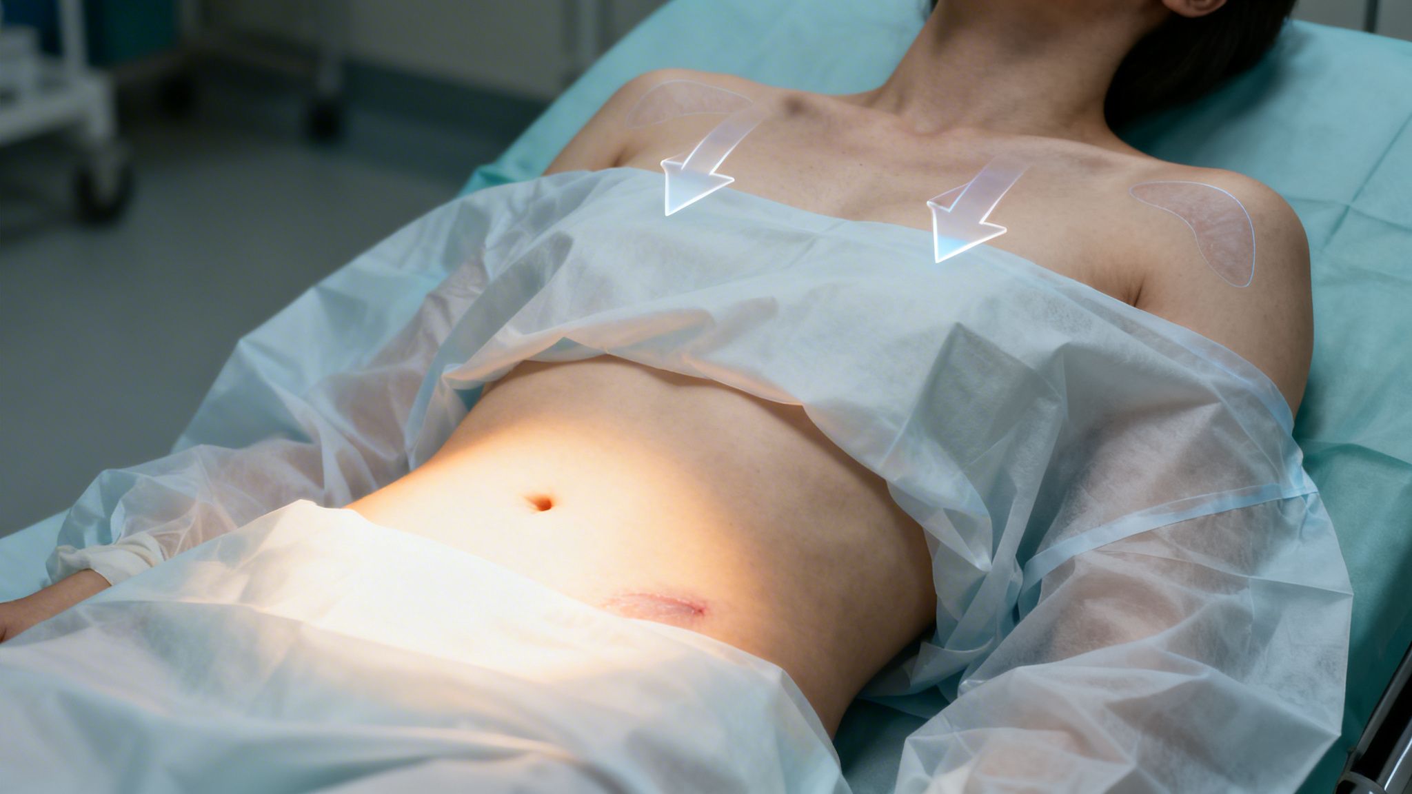 Patient on medical bed with surgical drapes, illuminated during examination, showing arrows and a scar.