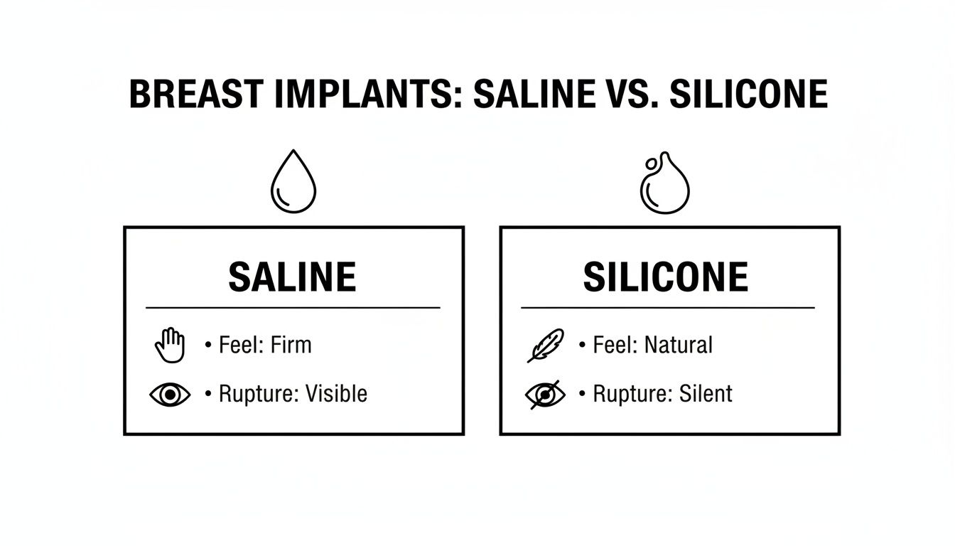 A comparison chart detailing Saline vs. Silicone breast implants, their feel, and rupture characteristics.