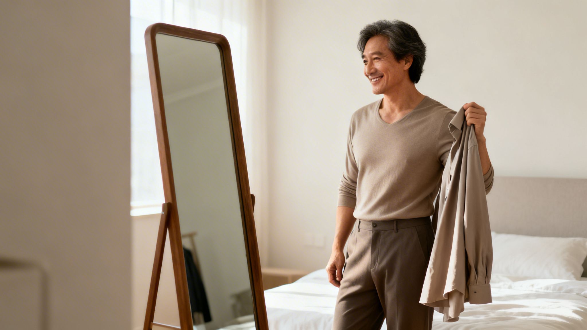 A cheerful senior Asian man stands in his bedroom, holding a shirt and looking at a mirror.