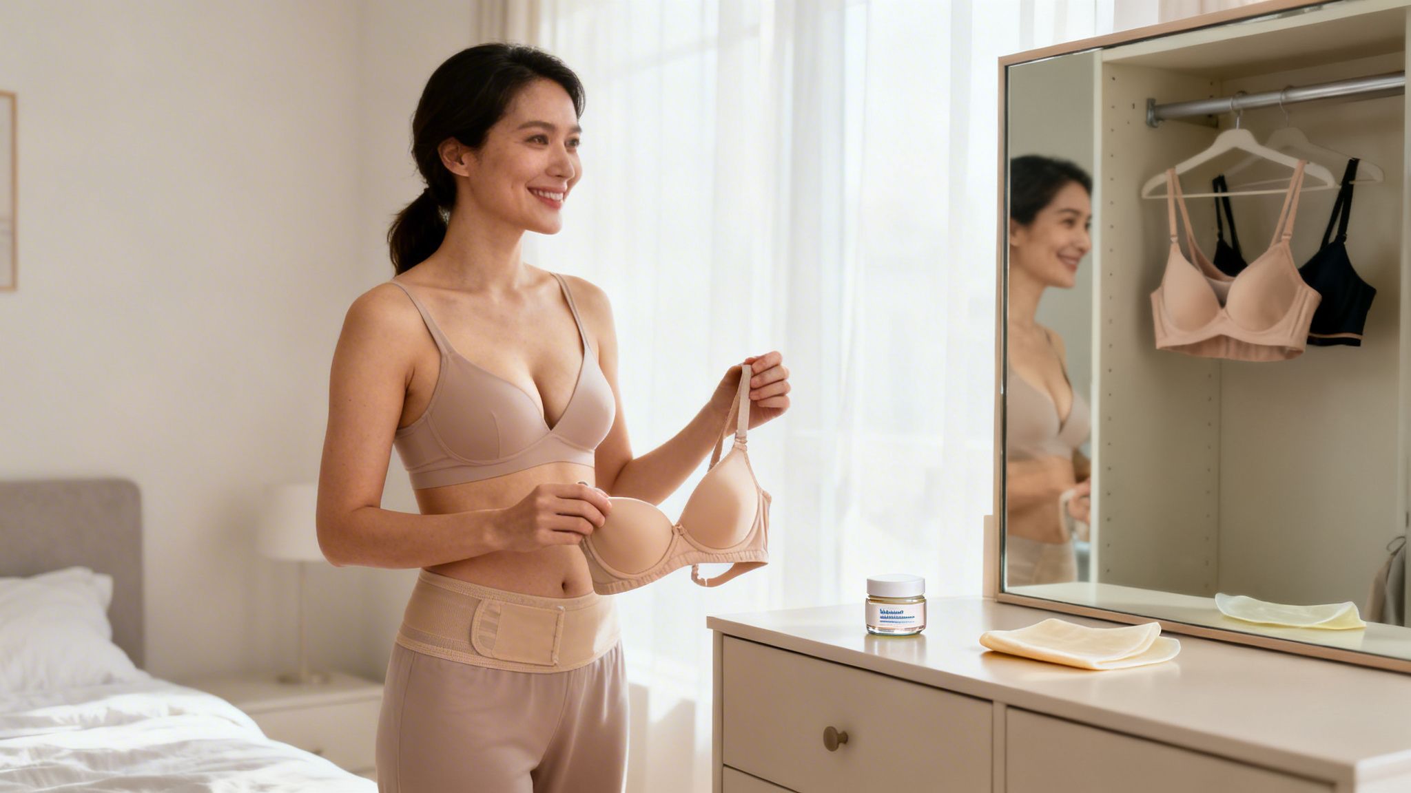 Smiling woman in a beige bra and belly band holds another bra in a bright bedroom.