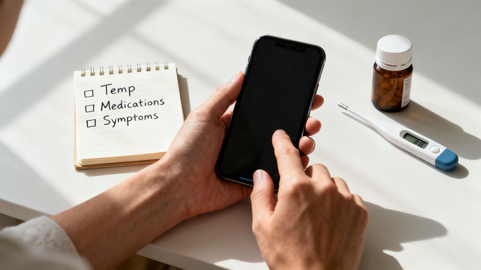 A person tracks health with a smartphone, notebook checklist, thermometer, and medicine.