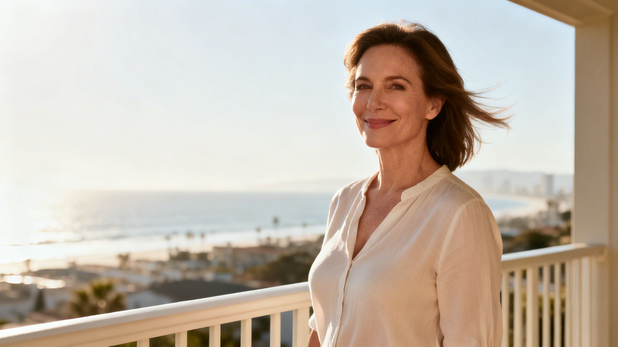 A happy mature woman with windblown hair smiles on a balcony overlooking a sunny beach.