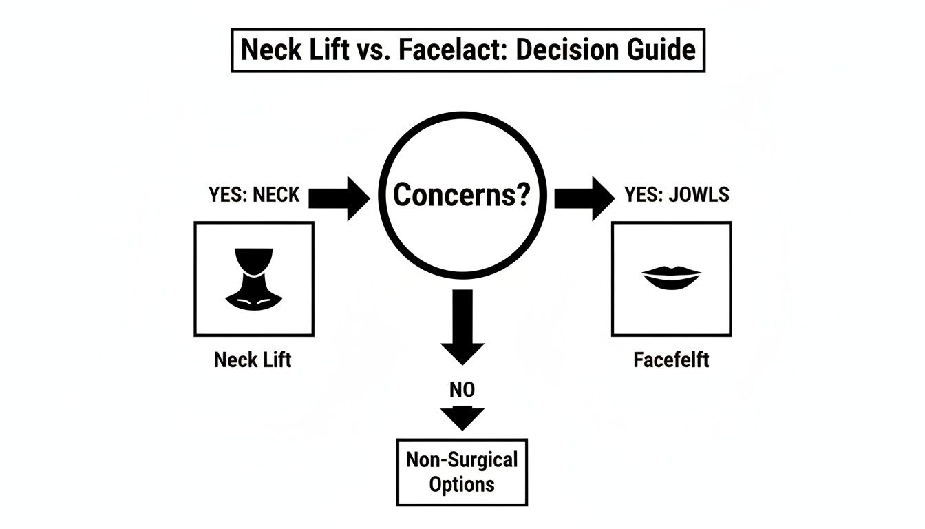 Decision guide flowchart comparing neck lift vs. facelift based on concerns about neck or jowls.