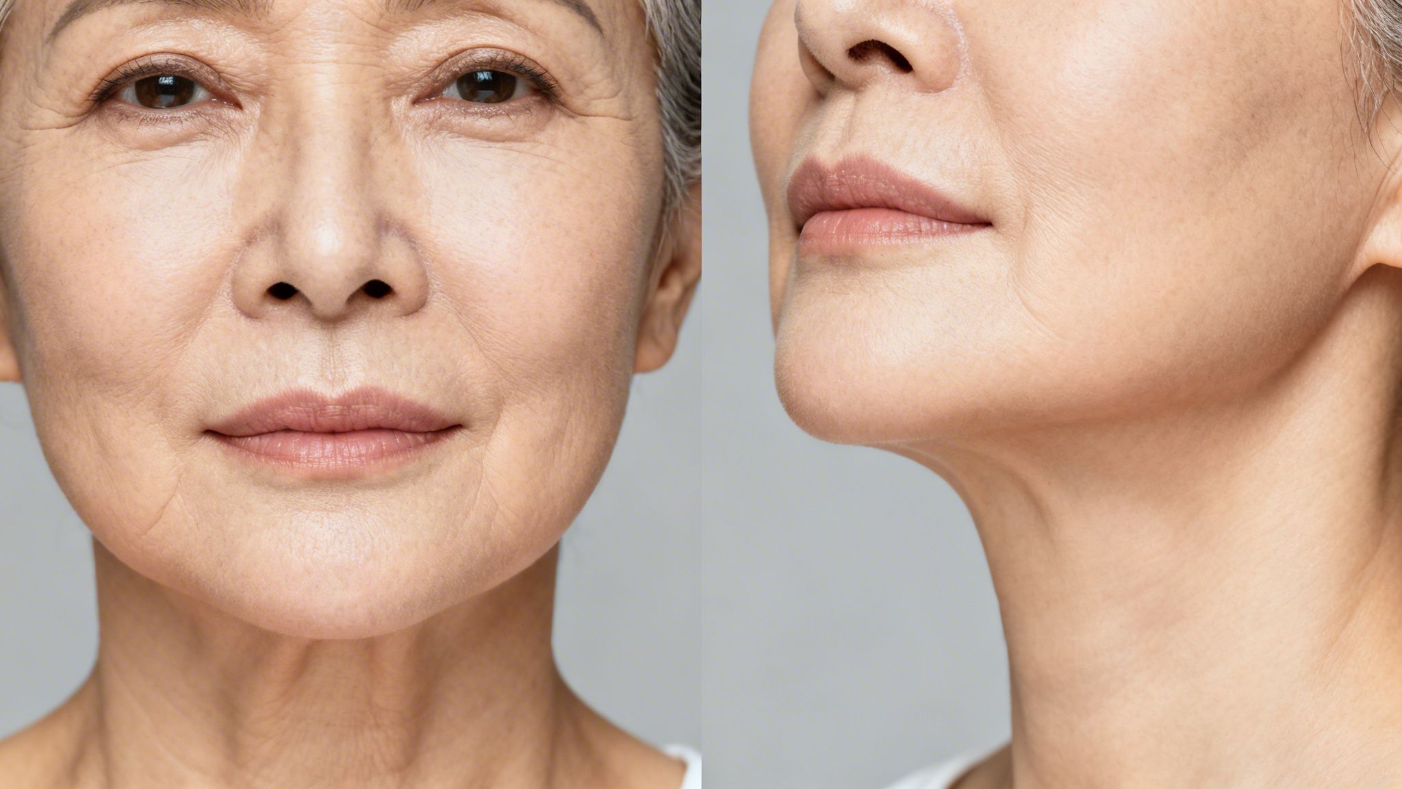 Close-up of an older woman's face, neck, and chin, highlighting skin texture and wrinkles.