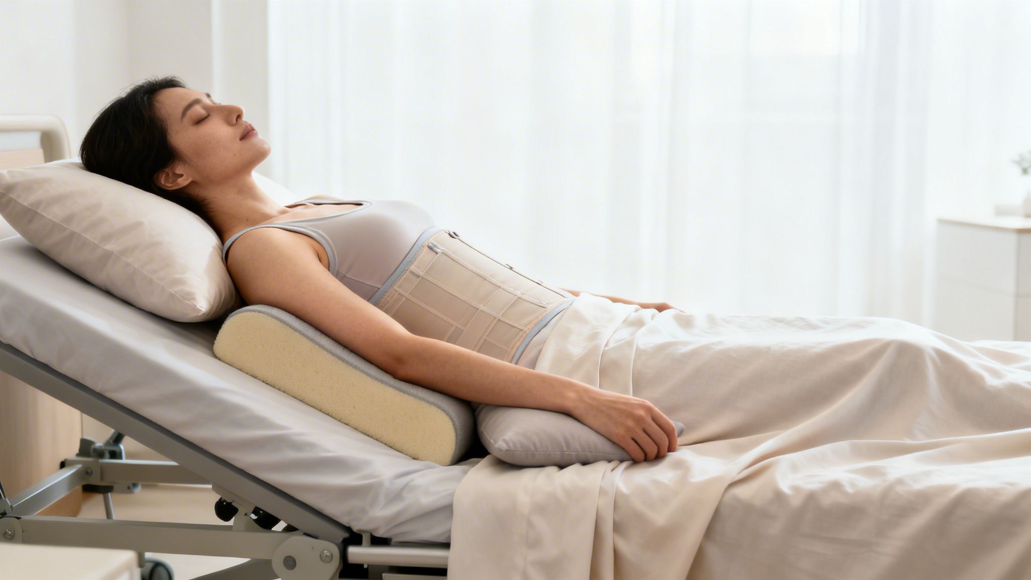 Woman in a medical corset resting on an adjustable bed with a pillow and lumbar support.