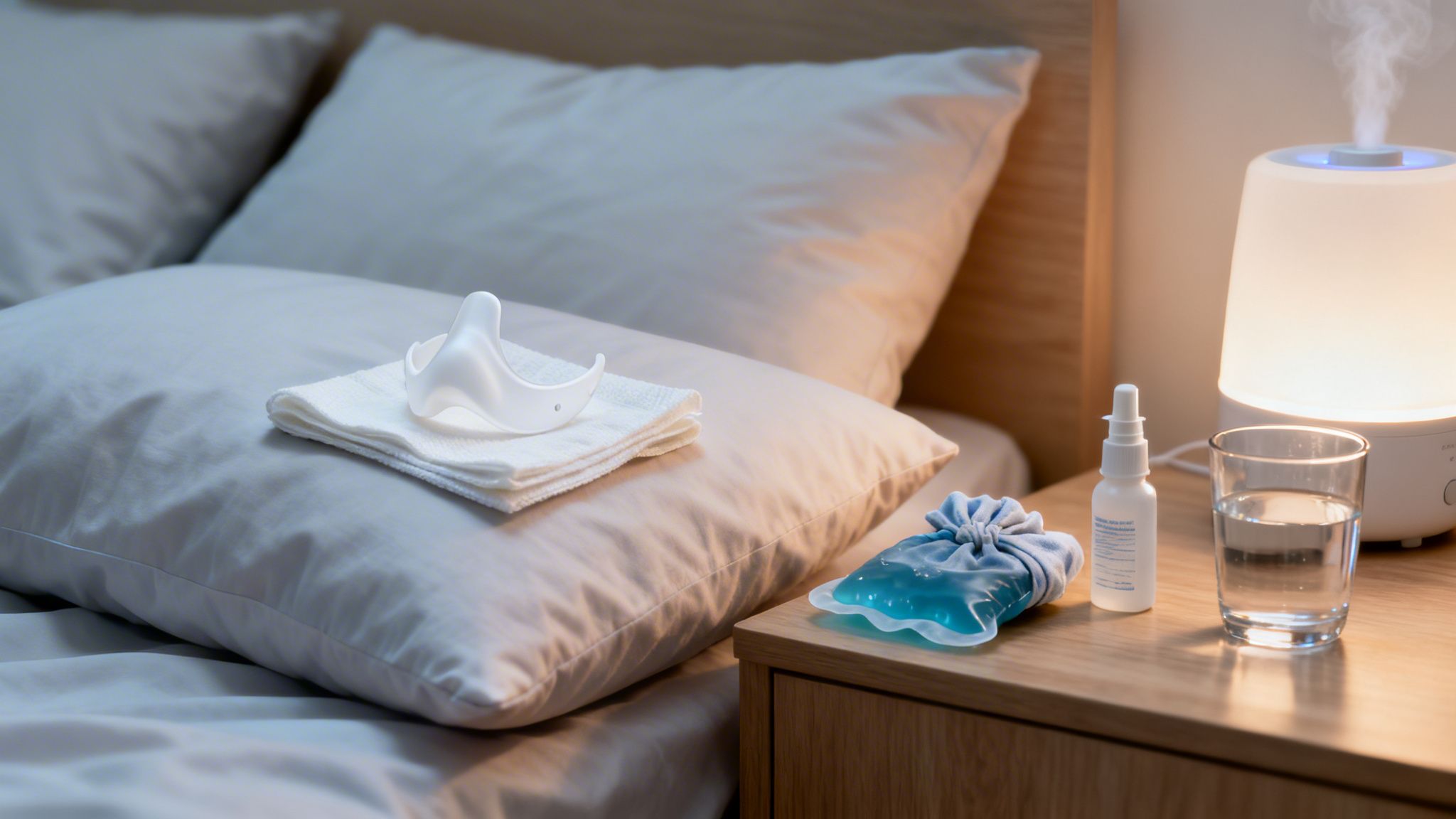 Bedside setup for recovery with nasal dilator, cold pack, nasal spray, water, and humidifier.