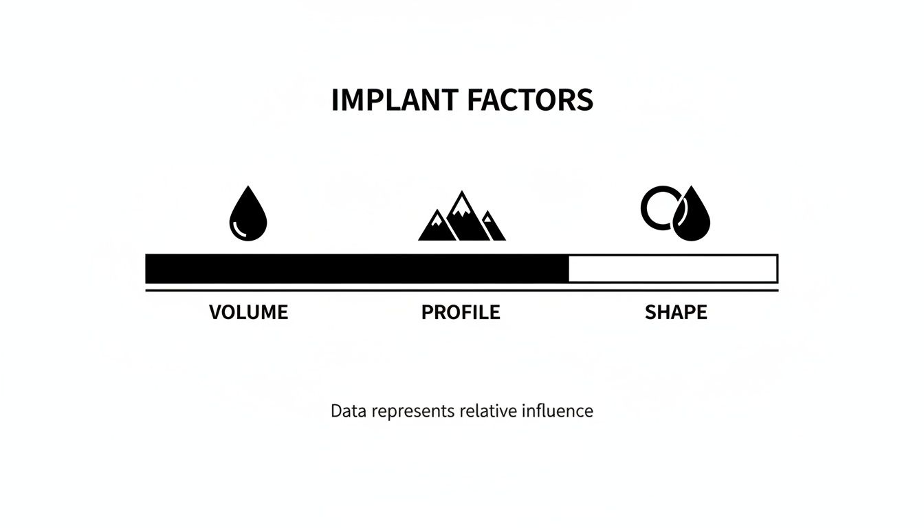 Infographic showing implant factors: volume, profile, and shape, with a bar indicating relative influence.
