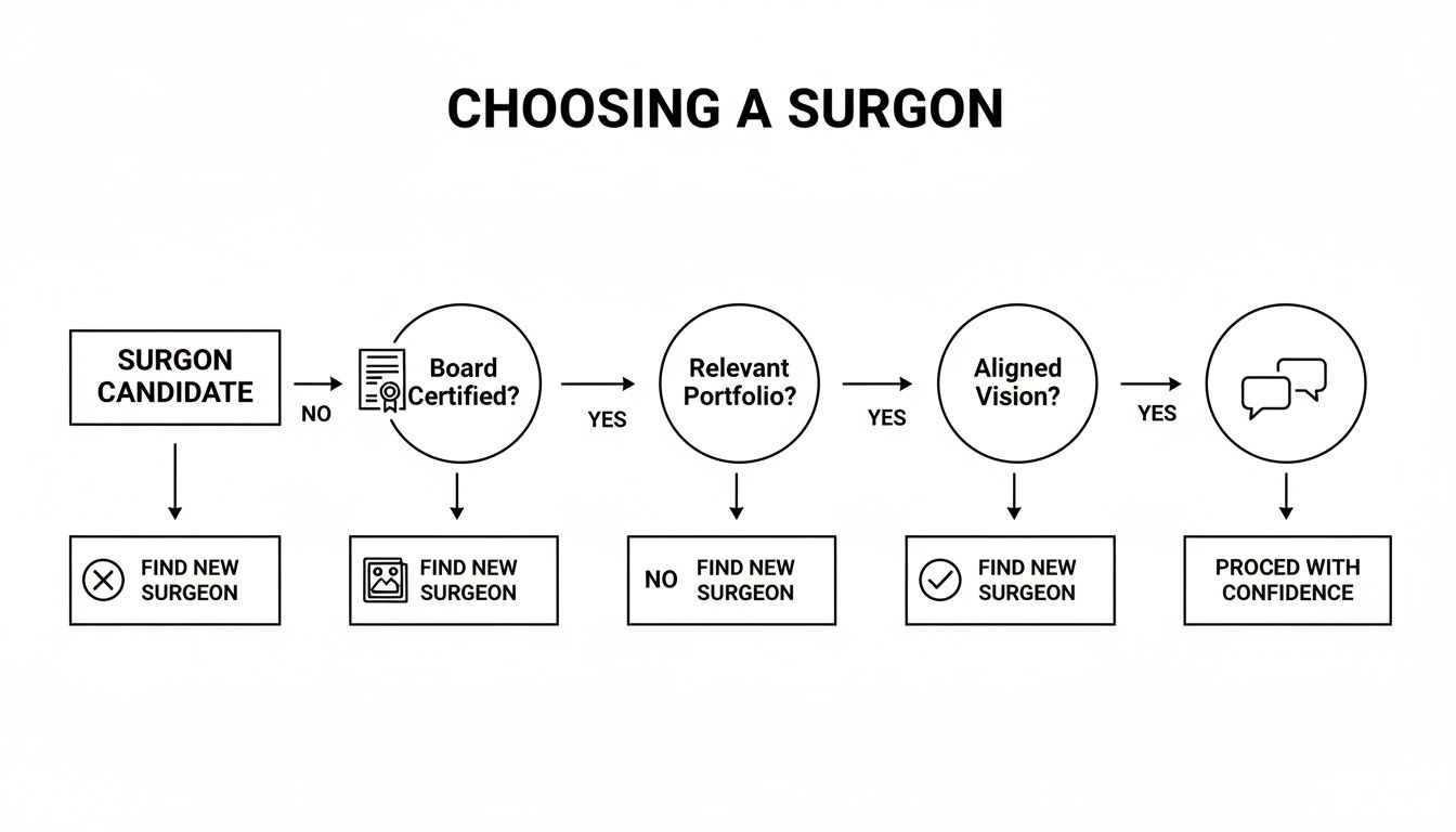 Flowchart illustrating the step-by-step process for choosing a qualified surgeon, from candidate to confidence.