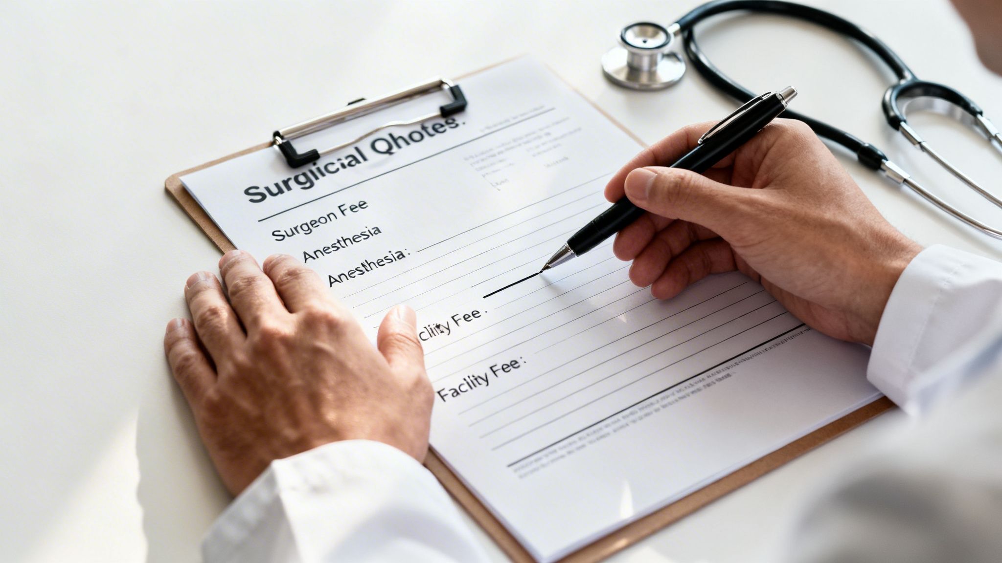 A doctor's hands filling out a surgical quotes form with a pen and stethoscope on a white table.