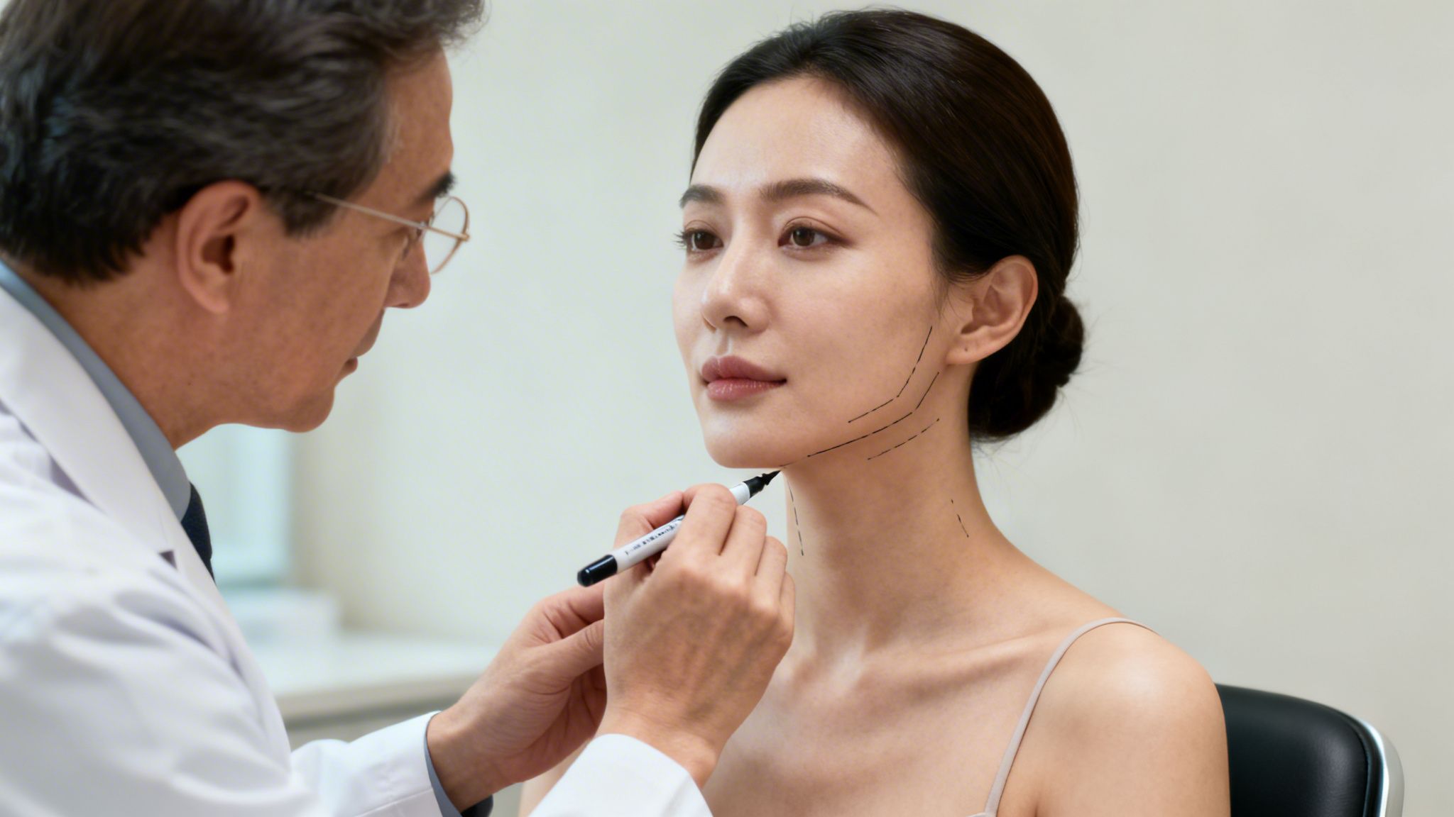 A doctor in a white coat drawing surgical lines on an Asian woman's face and neck.