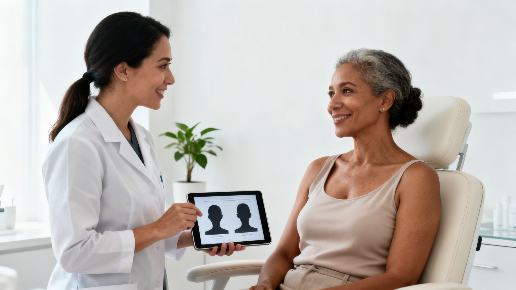 Doctor showing a patient a tablet with treatment options in a modern clinic.