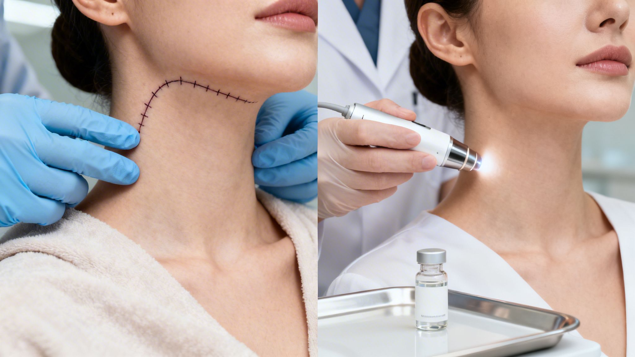 Split image showing neck lift preparation with surgical markings and a light therapy treatment.