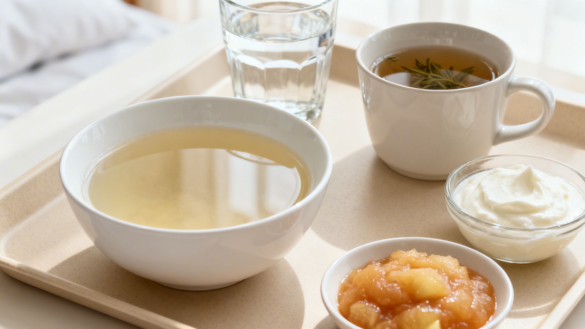 A light and healthy recovery meal on a tray, including clear broth, herbal tea, water, applesauce, and yogurt.