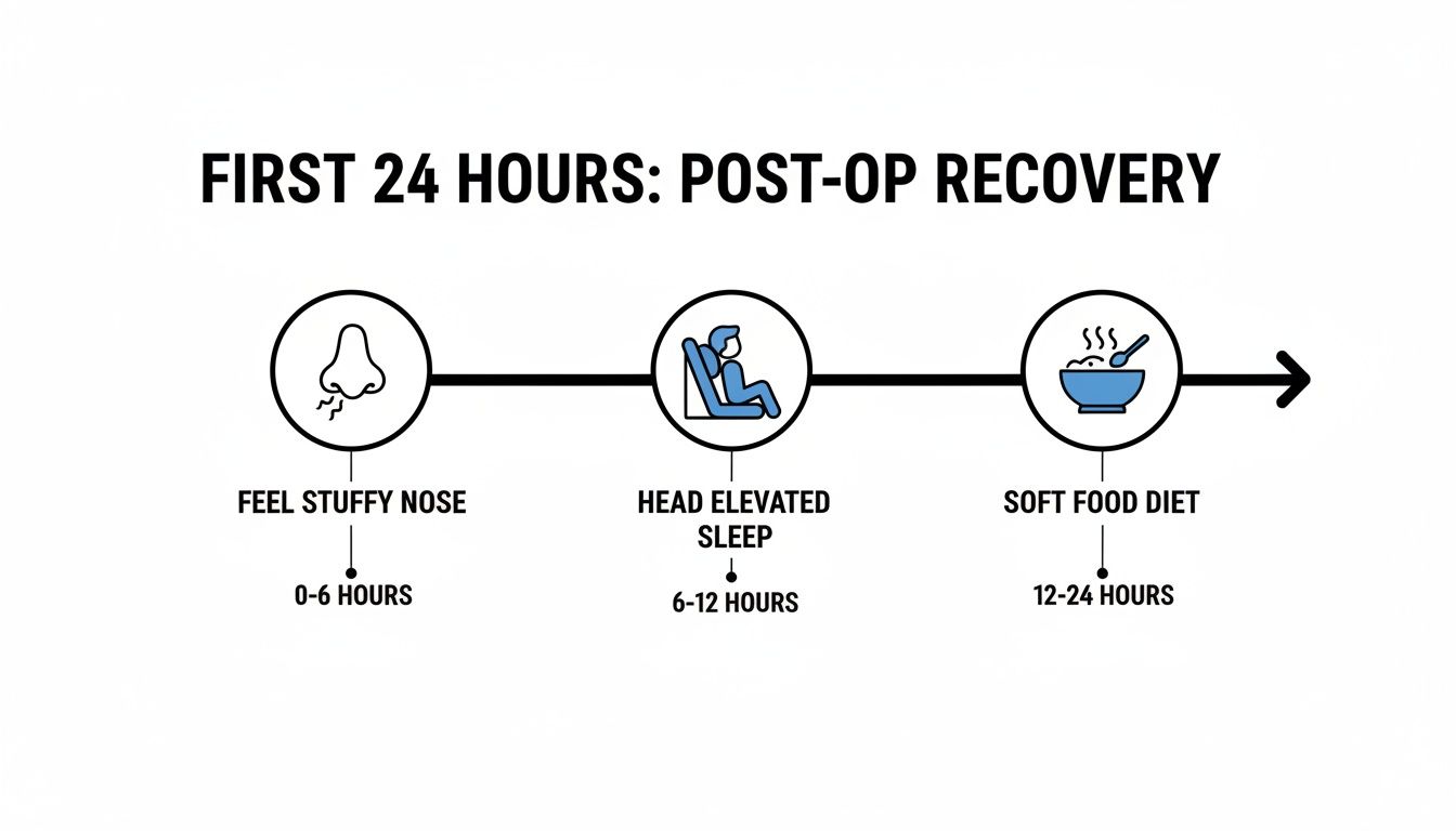 A timeline illustrating the first 24 hours of post-operative recovery steps: stuffy nose, elevated sleep, and soft food diet.