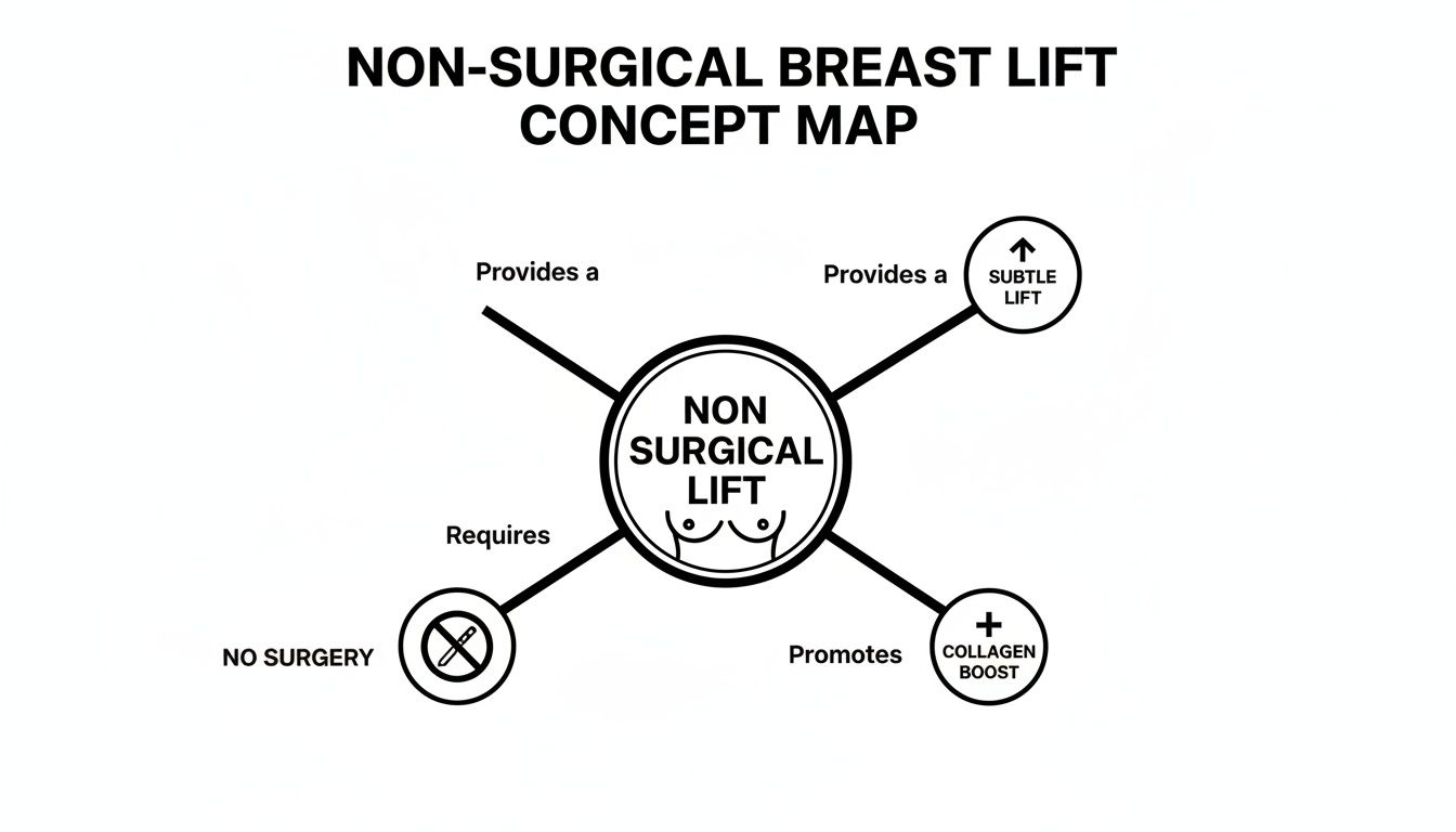 A concept map explains non-surgical breast lift, detailing it provides a subtle lift, requires no surgery, and promotes collagen boost.