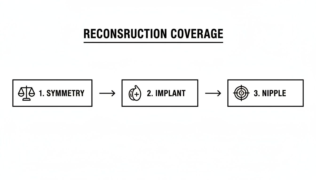 A diagram outlining the three main steps of breast reconstruction coverage: symmetry, implant, and nipple.
