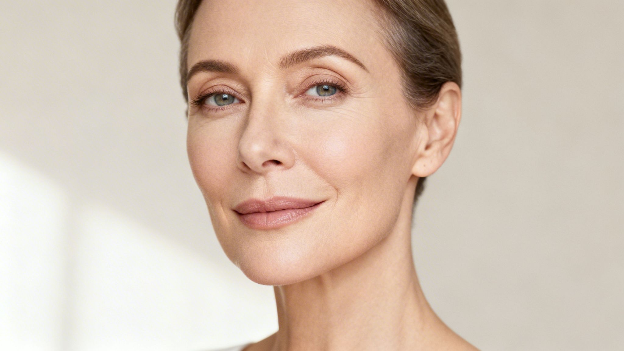 Close-up of a smiling middle-aged woman with smooth, radiant skin looking at the camera.