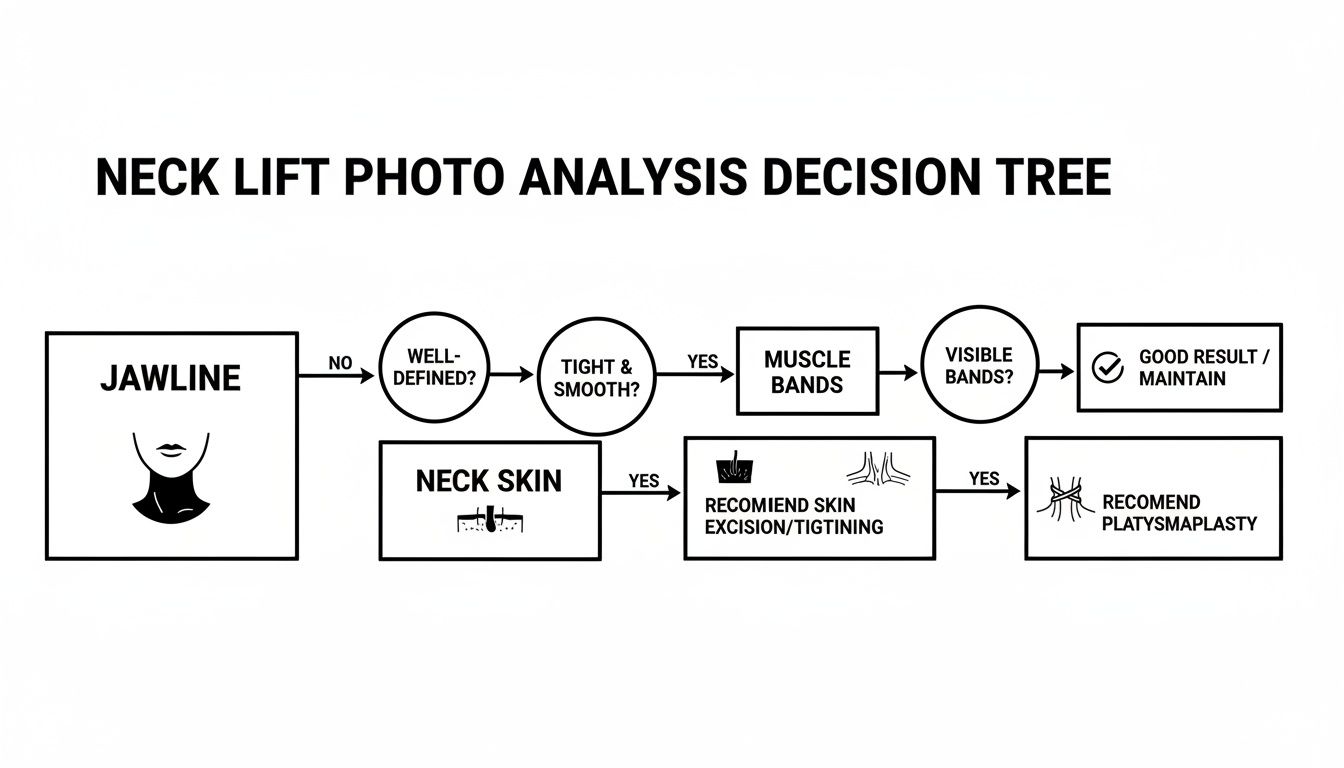 Flowchart illustrating a neck lift photo analysis decision tree with assessment steps and recommendations.