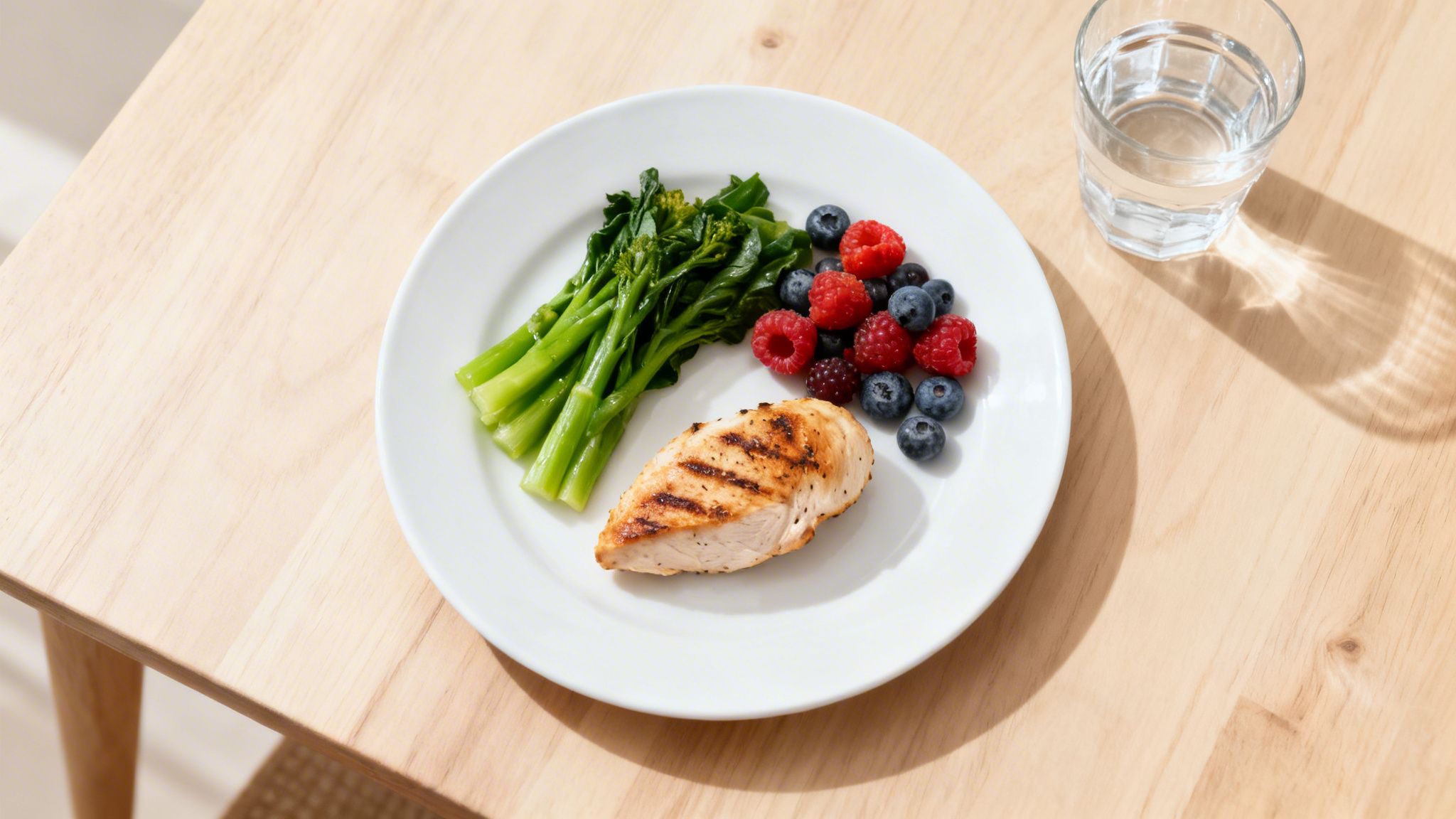 A healthy meal with grilled chicken breast, green vegetables, mixed berries, and a glass of water on a light wooden table.