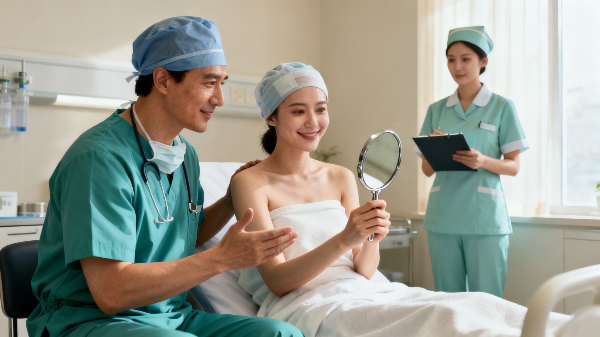 Smiling female patient reviews her face in a mirror with a cosmetic surgeon and a nurse.