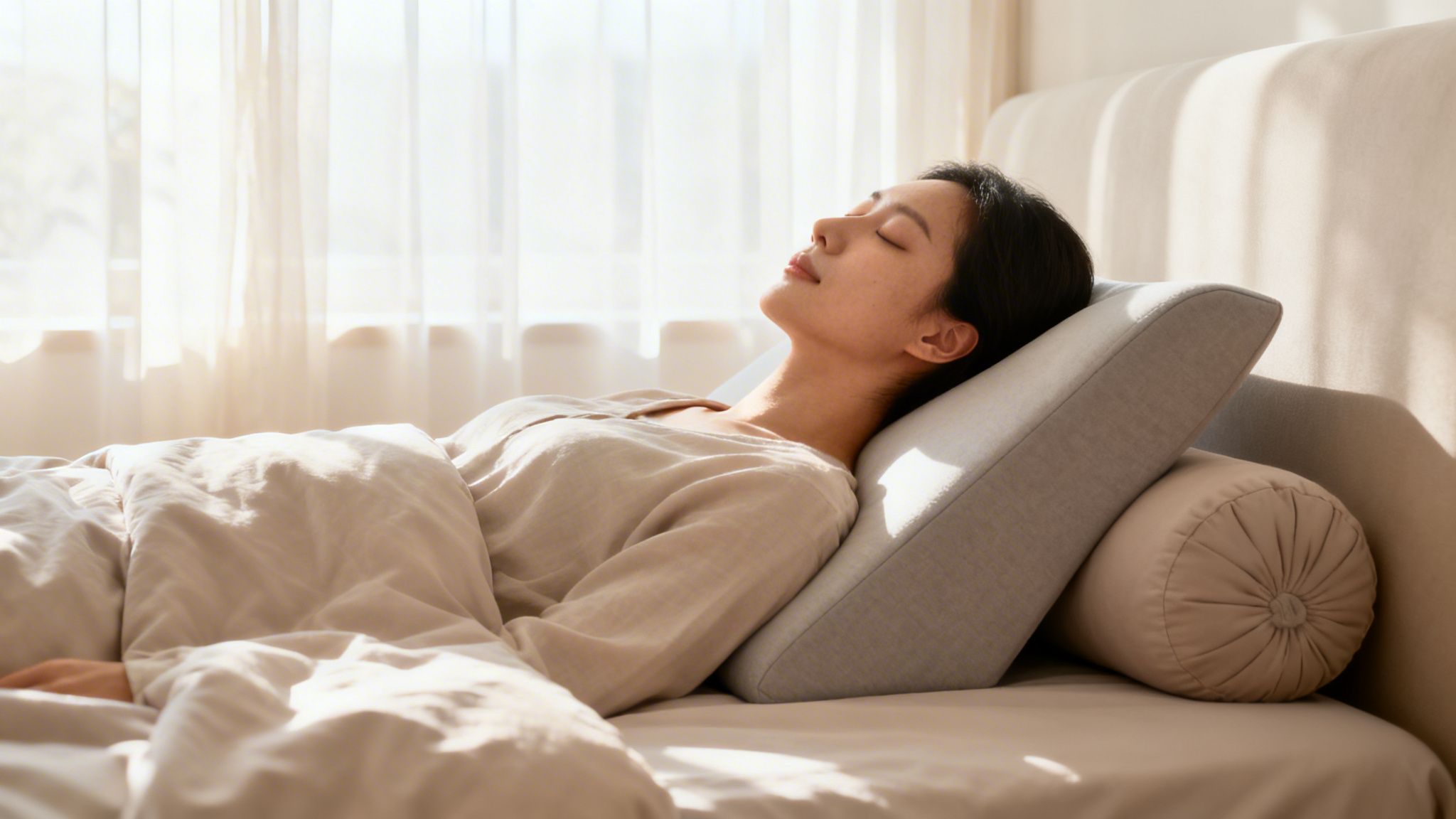 Peaceful young woman resting comfortably on a bed with a therapeutic wedge pillow.