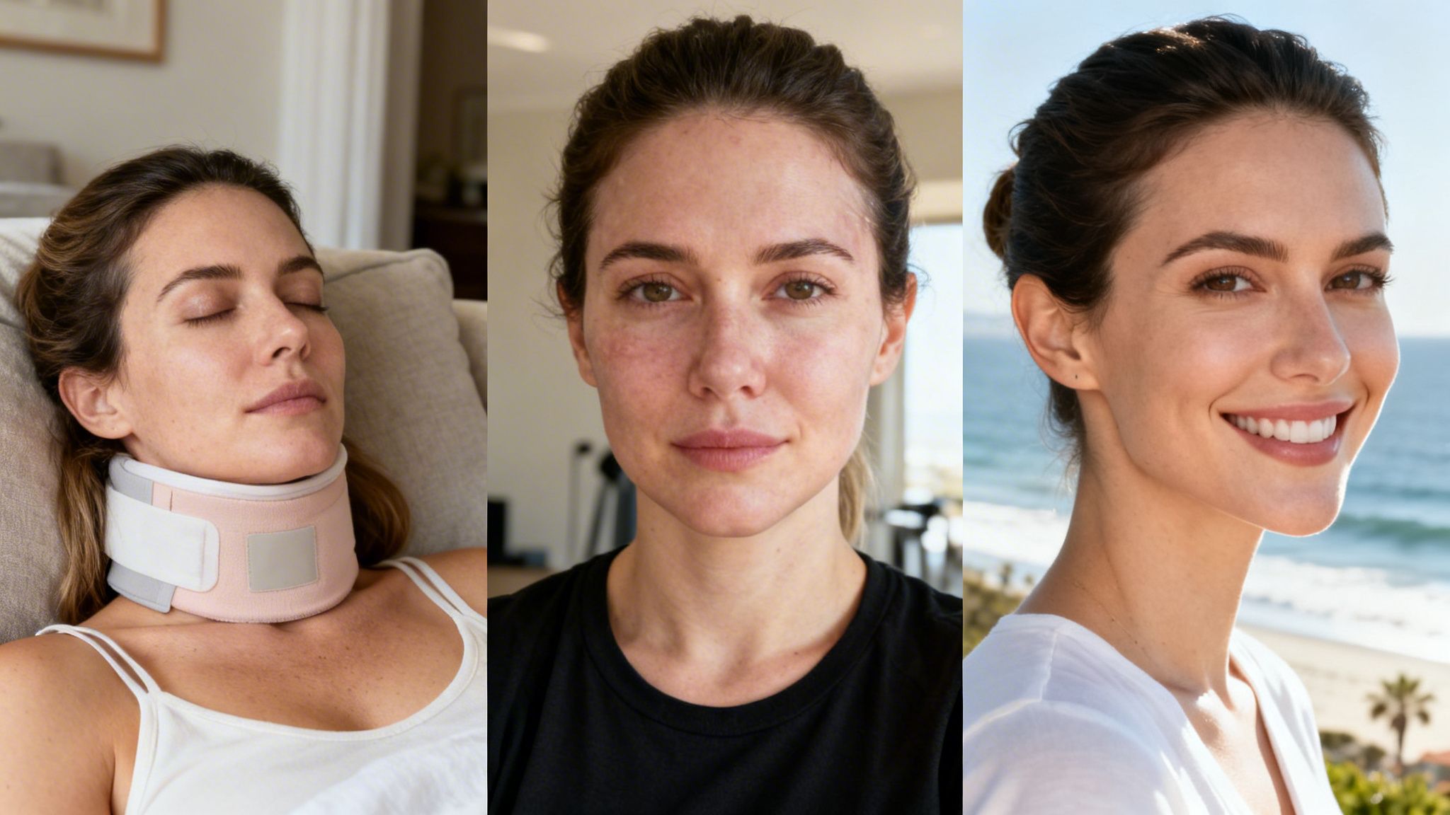 A woman's journey: resting with a neck brace, natural face, and finally smiling by the beach.