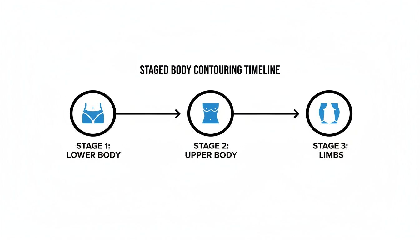 Infographic showing a staged body contouring timeline, progressing from lower body to upper body and limbs.