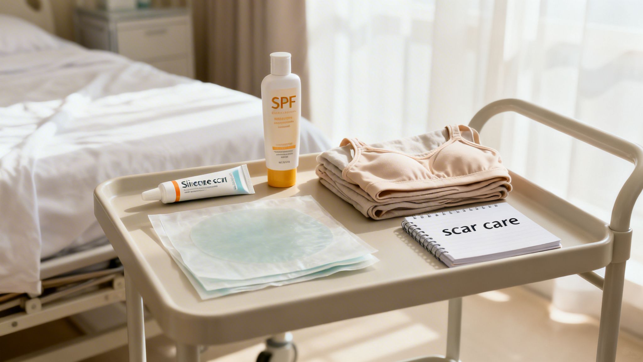 A collection of breast lift scar care products including silicone gel, SPF lotion, compression bras, and scar sheets on a hospital tray.