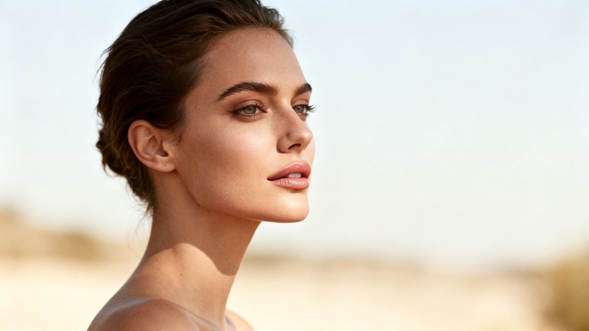 Profile of a beautiful woman with natural makeup, looking away in a bright outdoor setting.
