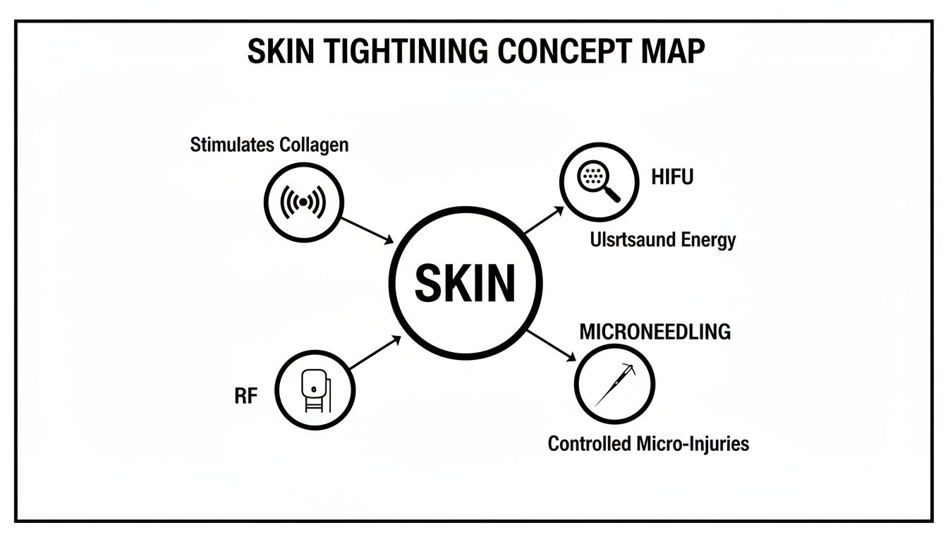 A concept map illustrating non-surgical skin tightening methods like HIFU, RF, microneedling, and collagen stimulation.