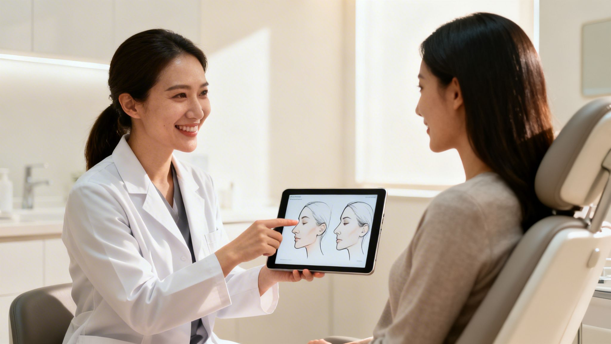 A smiling doctor shows rhinoplasty options on a tablet to a patient during a consultation.